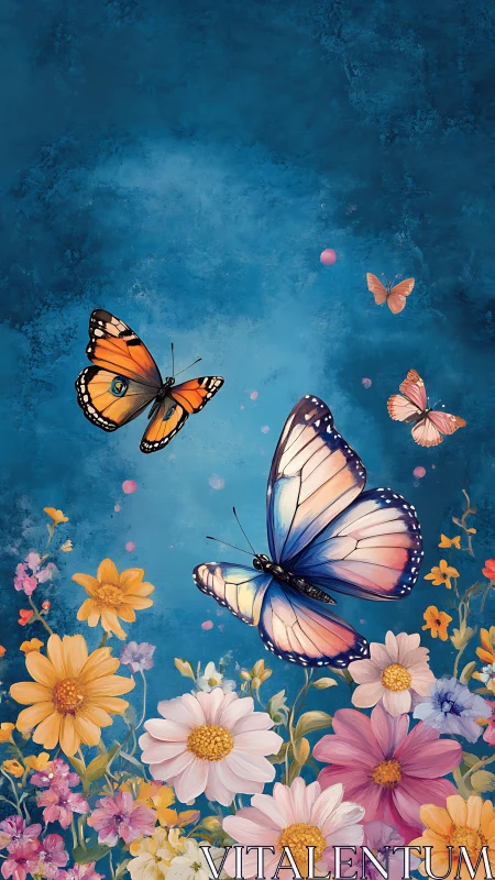 Butterflies drift above wildflower blooms in a dreamy blue sky