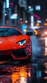 Red sports car front parked on wet neon city street