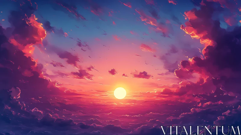 Radiant sun sets below dense clouds in saturated sky