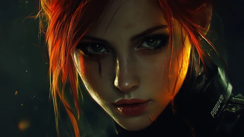 Fiery haired warrior portrait with intense focused stare.