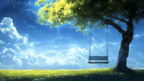 Sunlit tree swing drifts quietly above a bright summer field