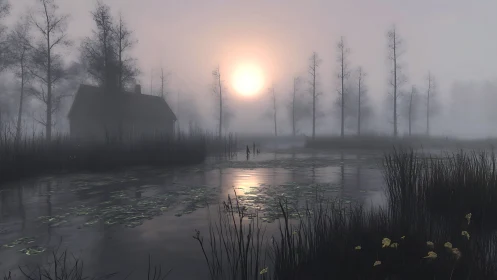 Foggy lakeside cabin bathed in soft, eerie sunrise light.