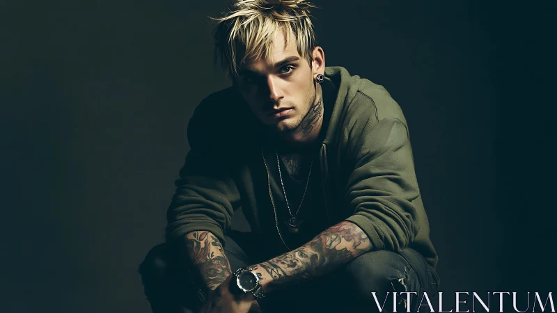 Moody studio portrait of tattooed man in directional lighting.