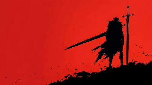Blade-worn wanderer and colossal sword on bloodred horizon.