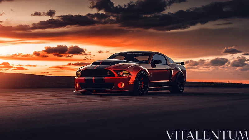 Low-slung red muscle car under dramatic storm-lit sunset sky