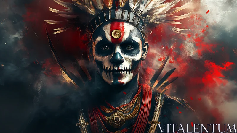 Warrior in skull makeup with feathers and red smoke.