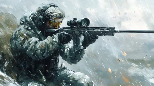 Tactical Sniper in Rain Combat Position.