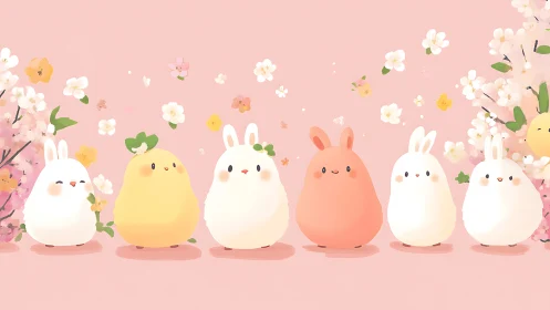 Soft bunny friends enjoy gentle blossoms and pastel spring