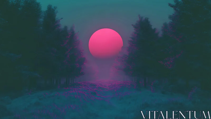 Neon moonrise over a dreamlike forest path at dusk.