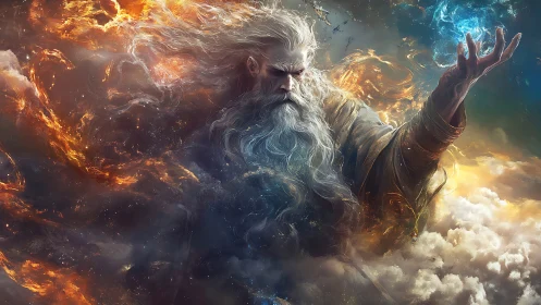Mythic storm deity manipulates fire and lightning in swirling nebula
