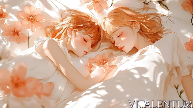 Two sleeping girls lying on white bedding among orange flowers