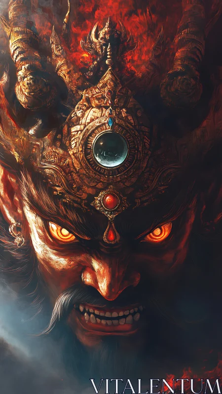 Demonic warlord portrait with flaming crown and infernal sigil