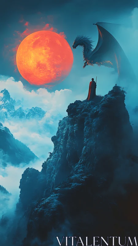 Dragon and cloaked figure on misty peak under red moon.
