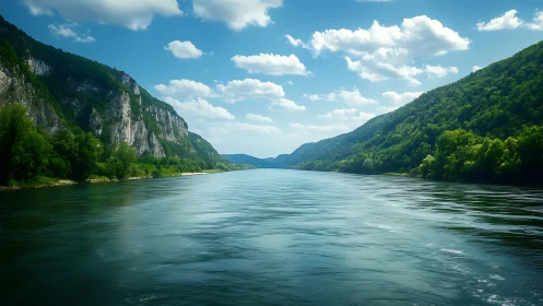 River mirror slides between emerald cliffs under summer clouds