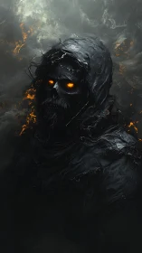 Hooded infernal wraith with molten ember eyes in smoke.