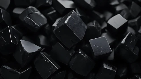 Fractured obsidian cubes in dense high-gloss aggregate field.