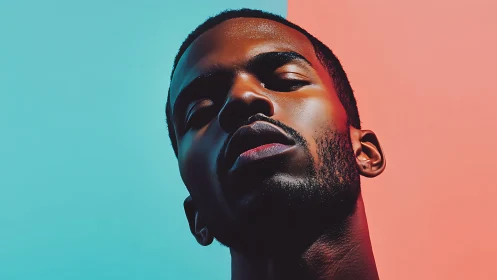 Stylized male portrait against split cyan coral backdrop