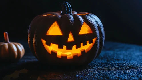 Glowing jack o lantern on wet night surface in closeup.