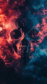 Bilateral red blue inferno skull with volumetric smoke lighting.