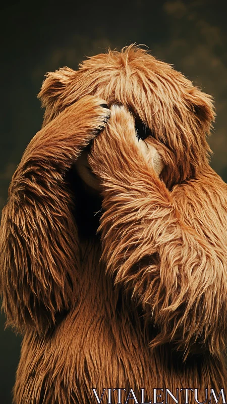 Shy costume bear buries its face in cascading faux fur
