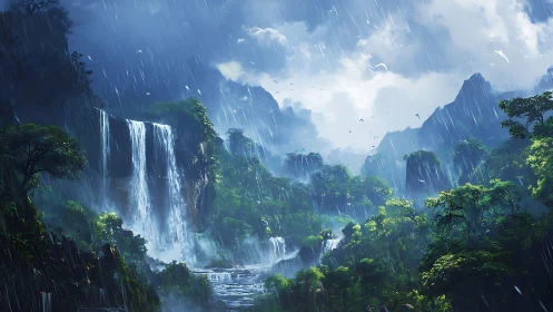 Storm-swept jungle waterfalls under brooding mountain skies.