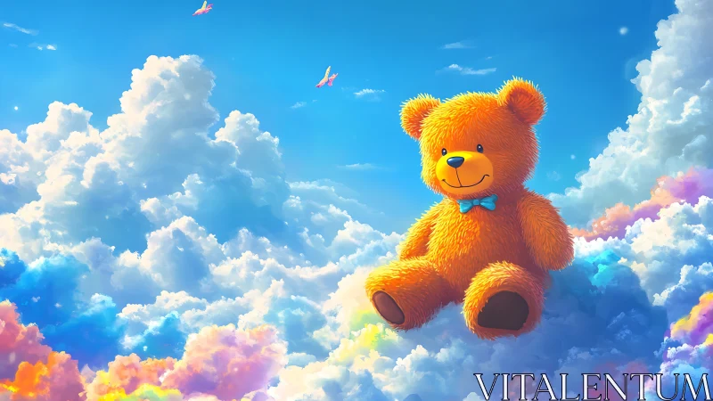 Orange teddy bear sits on luminous clouds under blue sky