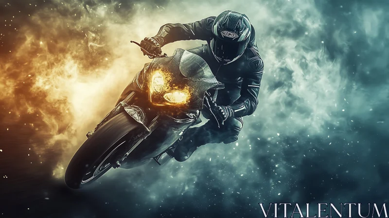 Roaring sport bike surges ahead through swirling fire and mist