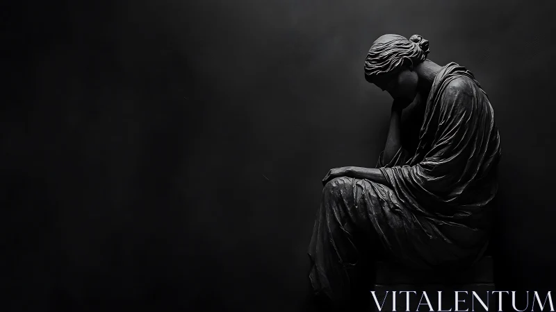 Side-lit seated statue isolates draped form in deep negative space