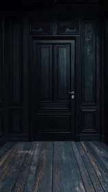 Dark paneled doorway with distressed wood floor textures.