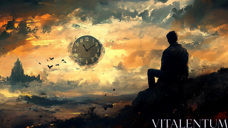 Silhouetted figure observes oversized clock in abstract sky