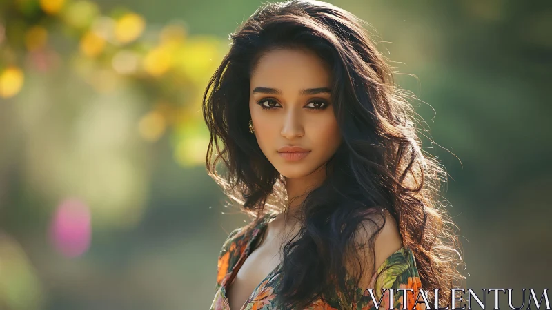 Sunlit portrait of woman framed by soft garden bokeh.