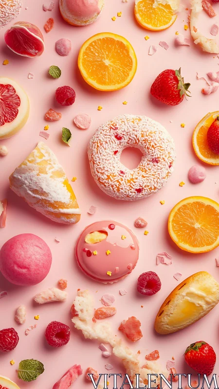 Candy glazed donut and citrus pastries on pastel backdrop.