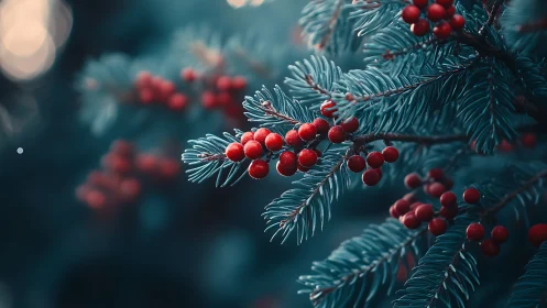 Frost-kissed evergreen needles cradling luminous winter berries.