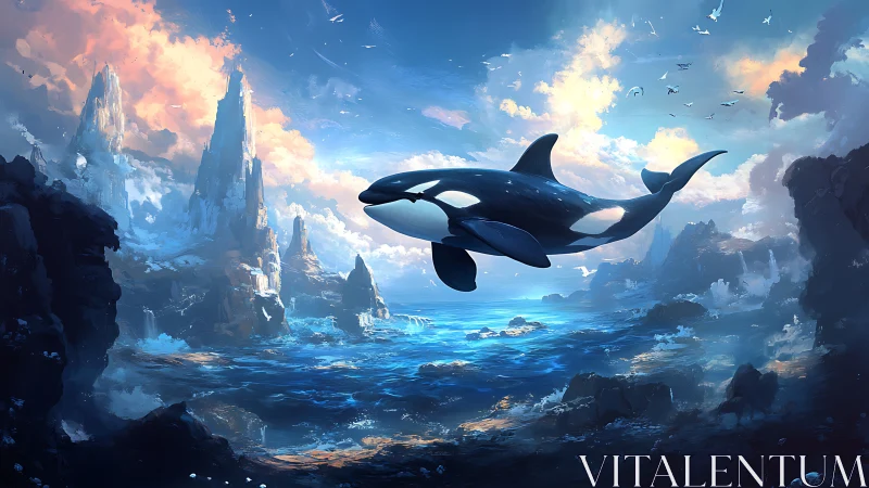 Majestic orca glides above luminous fantasy seascape.
