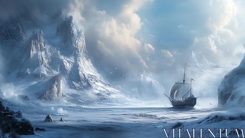Sailing ship crosses frozen bay under towering icy cliffs.