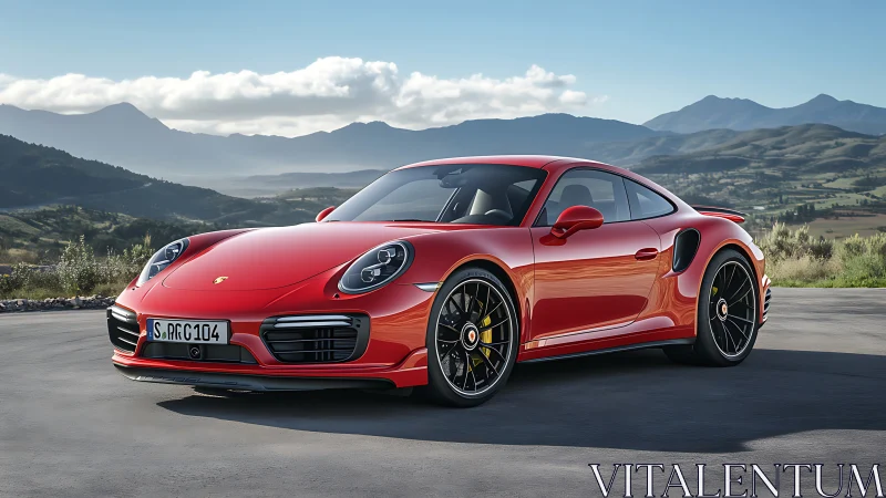 Red Porsche sports coupe parked on open mountain road.
