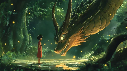 Child confronting luminous forest dragon under firefly light