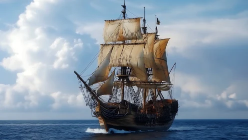 Photorealistic tall ship under full sail on open ocean horizon.