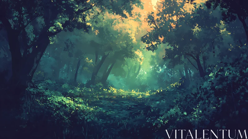 Enchanted Forest Clearing: Mystical Woodland with Luminescent Canopy Architecture