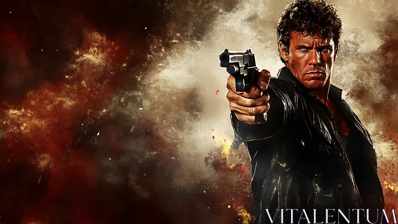 Gunman extends pistol toward viewer against explosive backdrop