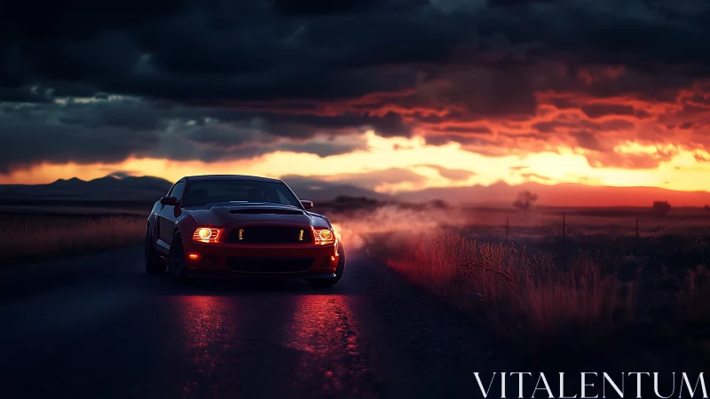 Crimson muscle car smolders beneath a storm kissed sunset sky.