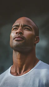 Determined man gazes upward in dramatic close portrait