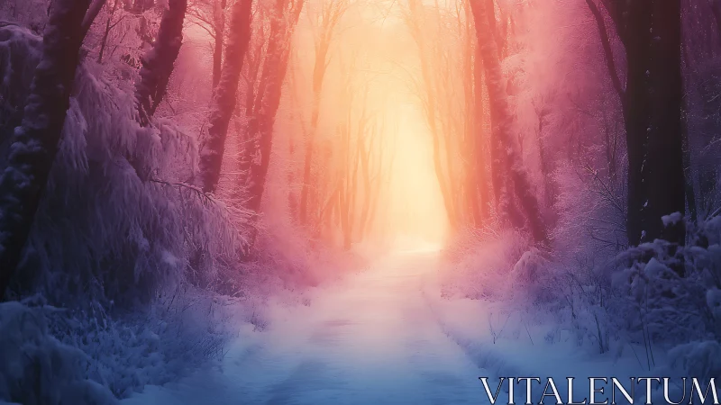 Snow covered forest path with strong warm backlighting.