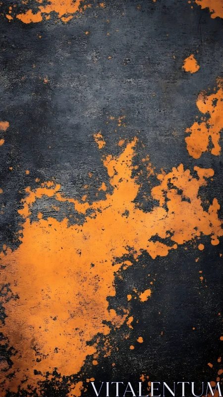 Rugged dark metal surface shows bold orange paint splatter