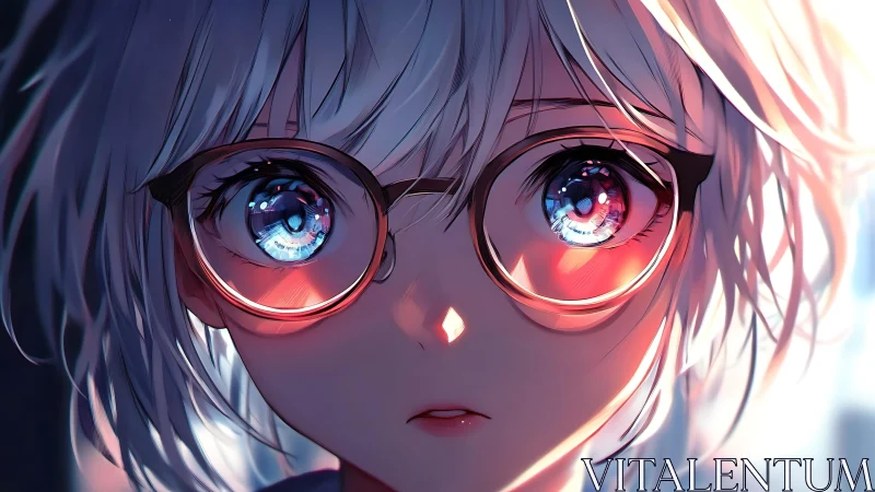 Close-up anime portrait of silver-haired girl with glowing glasses.
