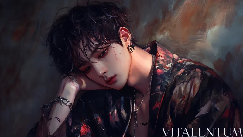 Young male figure in patterned robe against blurred backdrop.