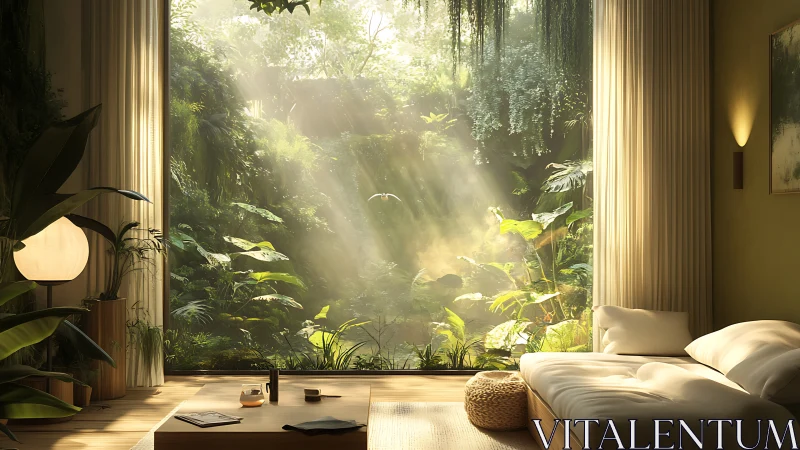 Photorealistic biophilic bedroom with panoramic jungle glazing.