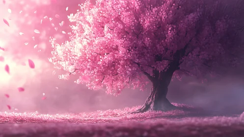 Digital pink blossom tree in soft atmospheric landscape.