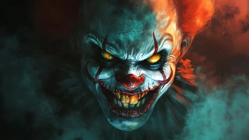 Sinister demonic clown grins from swirling colored fog.