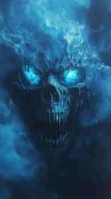 Skull-like spectral face formed in dense blue vapor field.